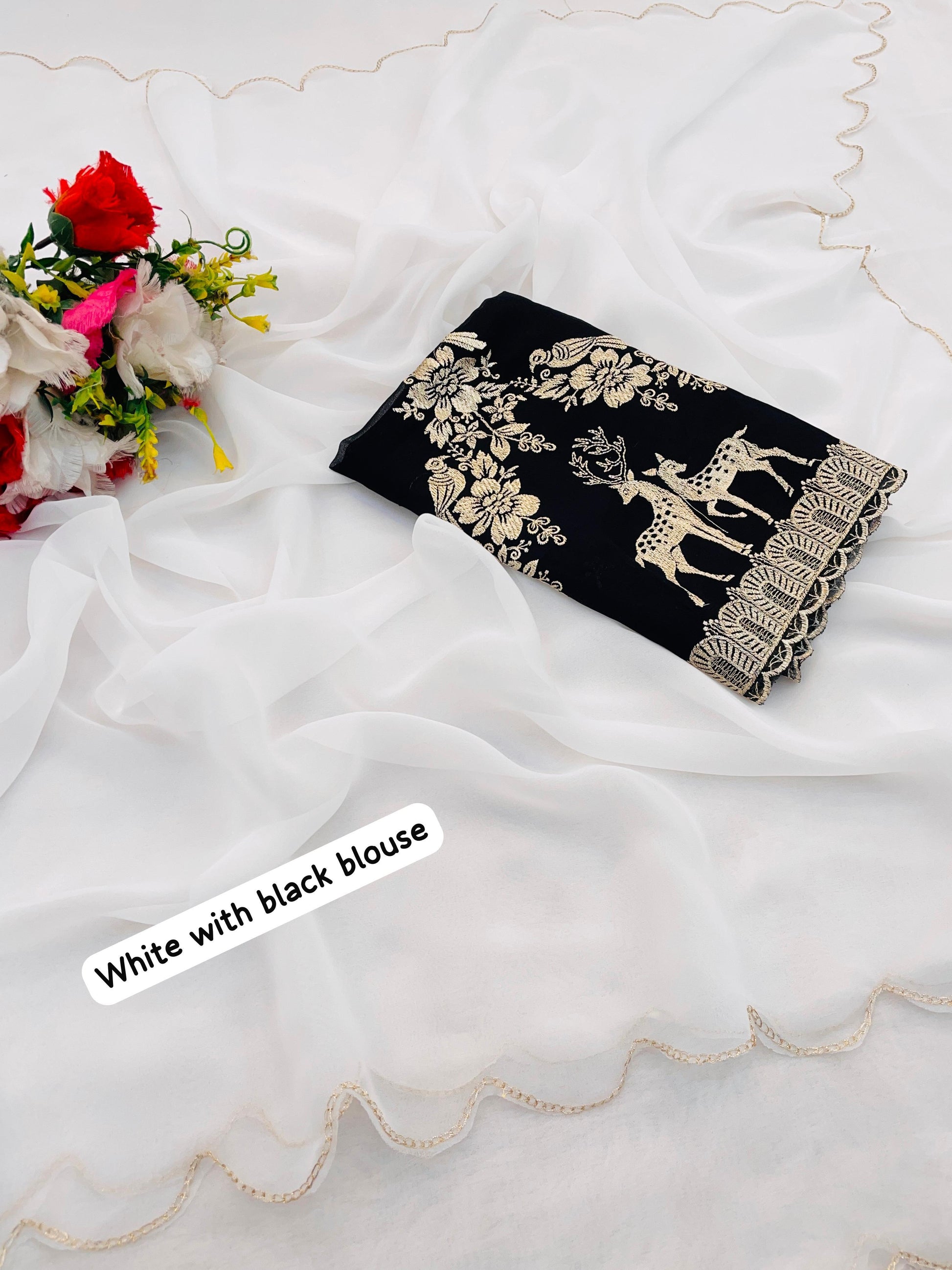 Product Image - White Georgette Designer Saree with Golden Work & Embroidered Blouse