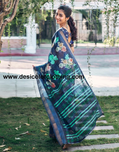 Dark Blue Cotton Printed Saree