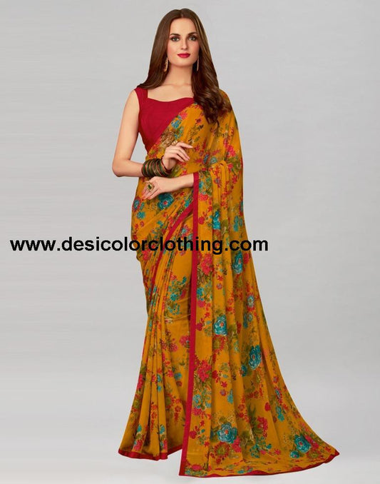 Yellow Printed Georgette Saree