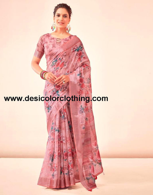 Rose Pink Linen Printed Sarees