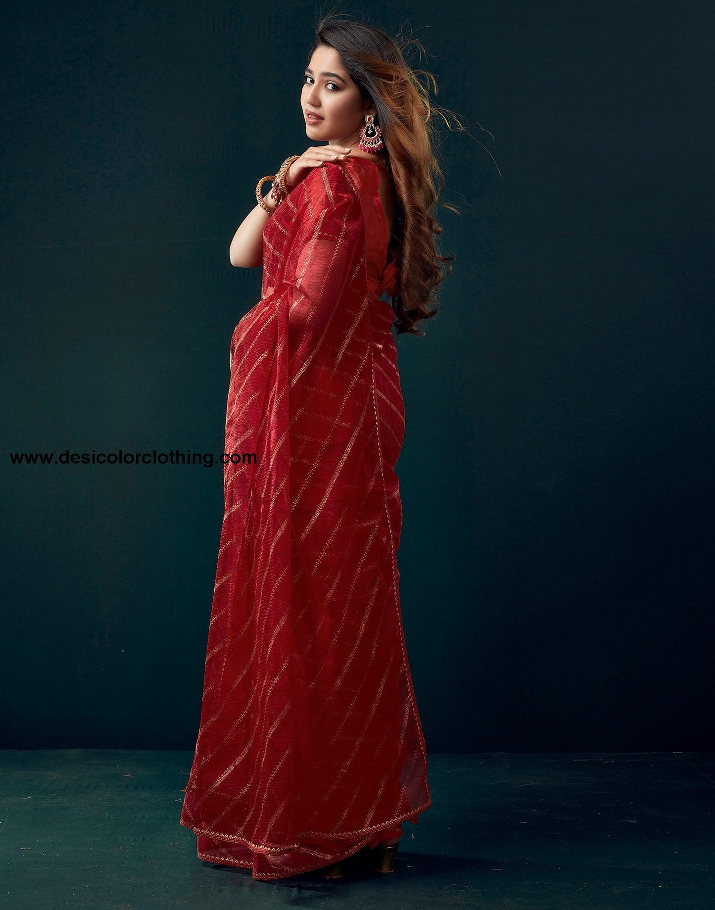 Red Net Plain Saree