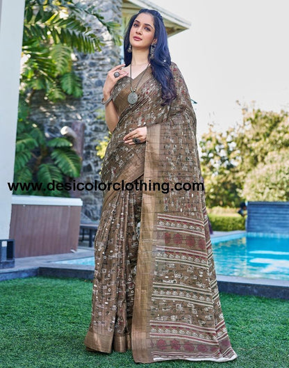 Brown Silk Printed Saree
