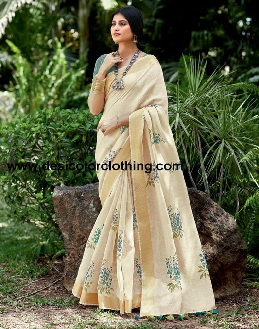 Cream Cotton Printed  Saree
