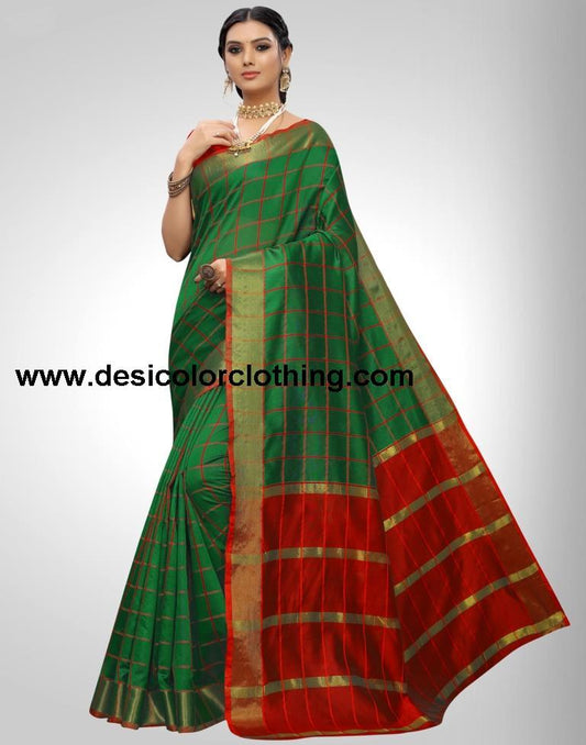 Green Coloured Chanderi Woven Checks Casual saree