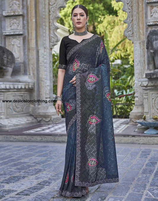Blue Printed Net Stone Work Saree