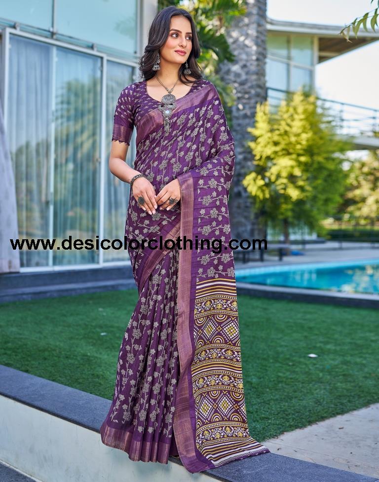Voilet Silk Printed Saree