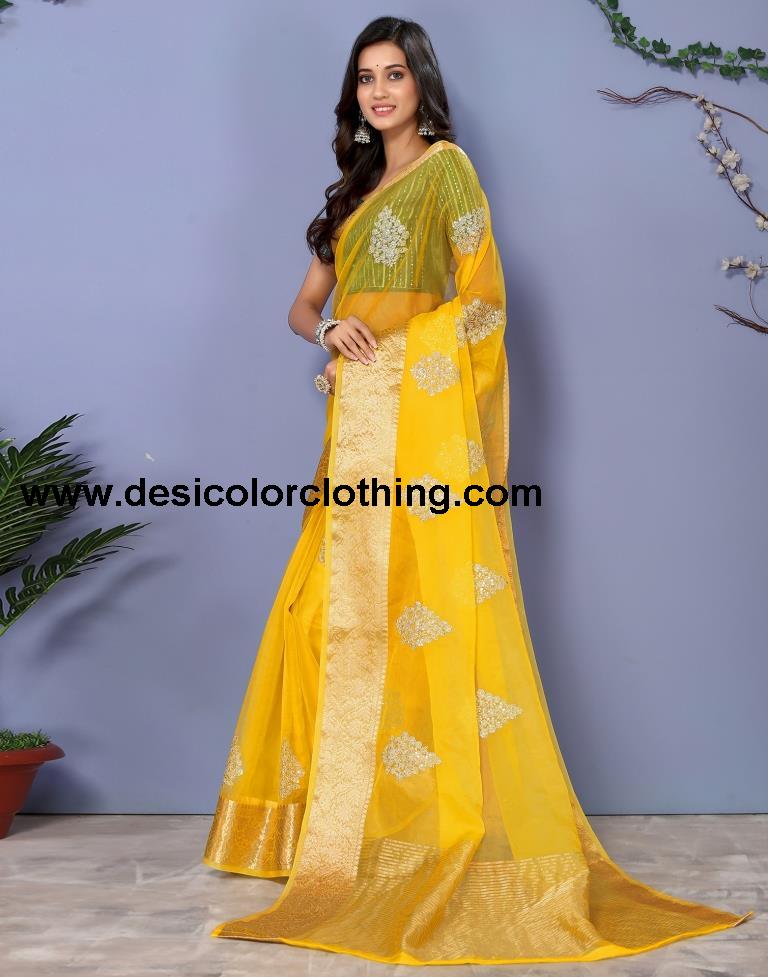 Yellow Organza Embroidery Saree