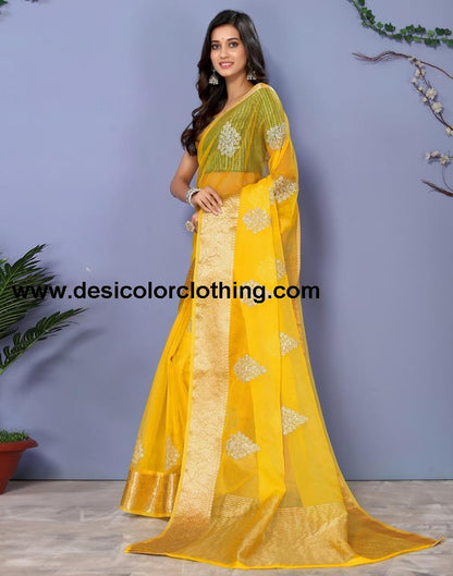 Yellow Organza Embroidery Saree