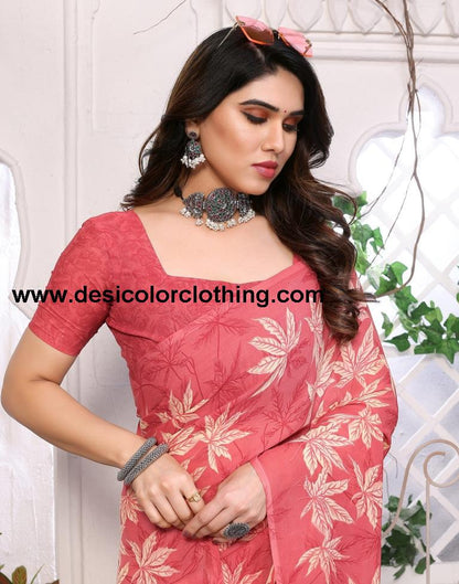 Rose Pink Georgette Floral Printed Saree