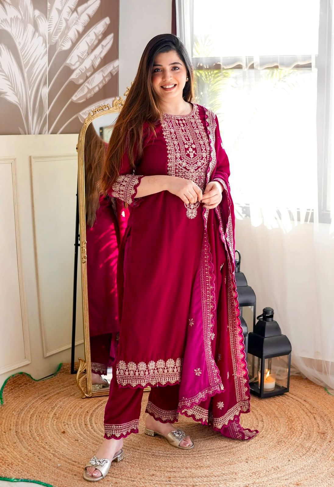 Product Image - Designer Velvet Top-Pant Dupatta Set for Weddings and Festive Wear