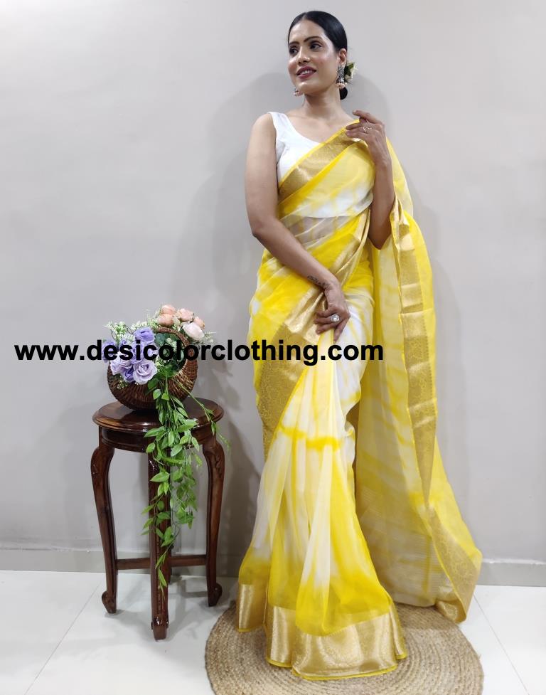 Yellow Organza Printed Saree