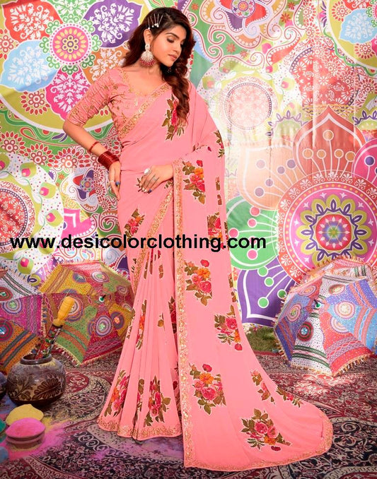 Rose Pink Georgette Printed Saree