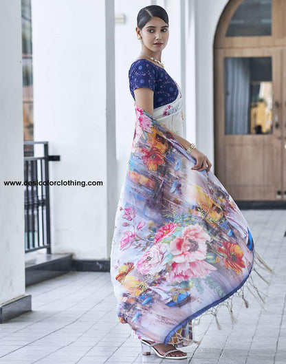 White Printed Georgette Saree