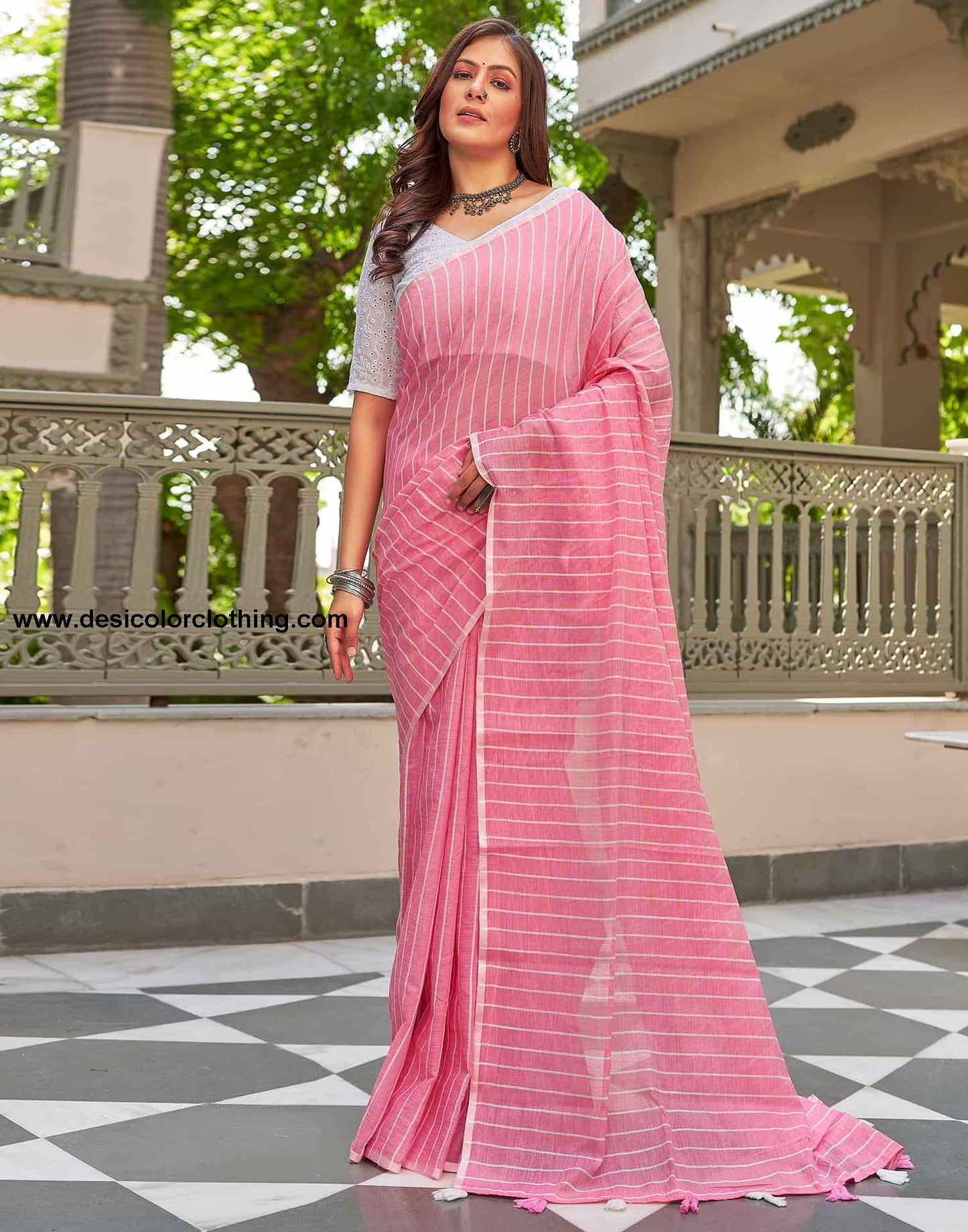 Pink Leheriya Linen Woven Saree
