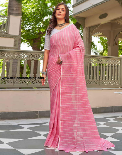 Pink Leheriya Linen Woven Saree