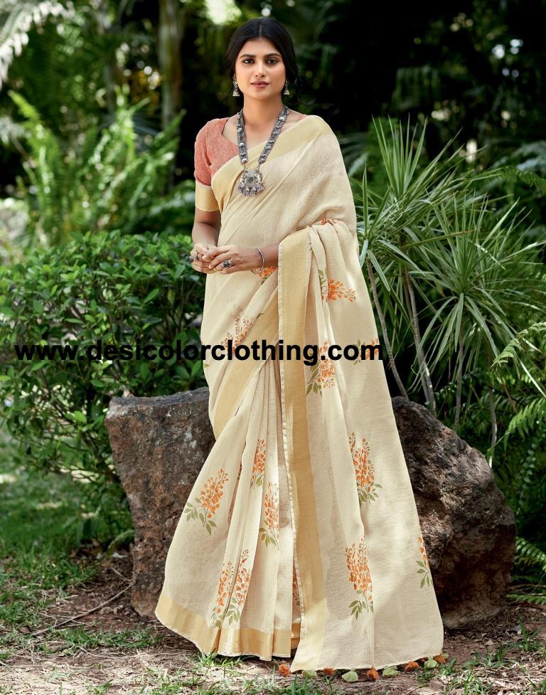 Cream Cotton Printed  Saree