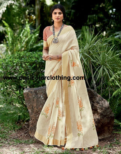 Cream Cotton Printed  Saree