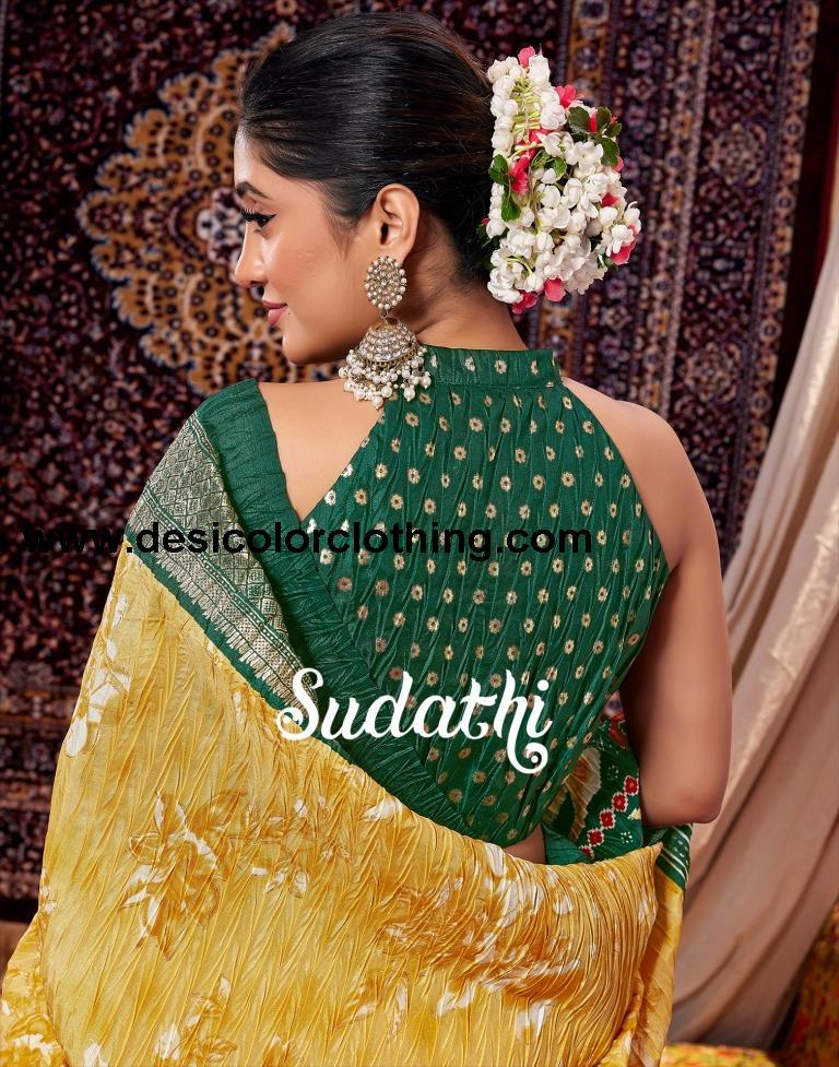 Yellow & Cream Printed Silk Saree