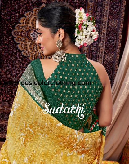 Yellow & Cream Printed Silk Saree