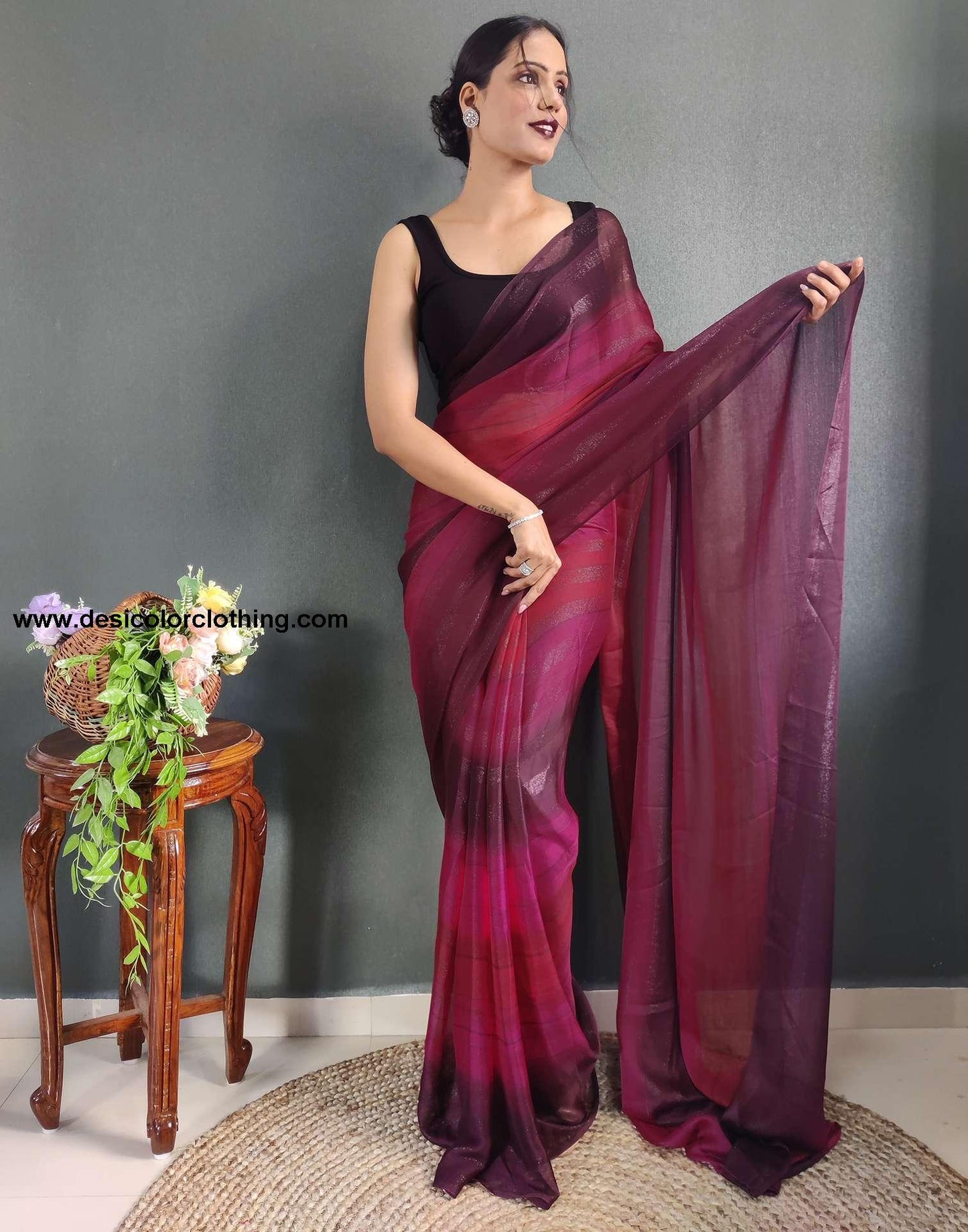 Pink Printed Georgette Pre-draped Saree