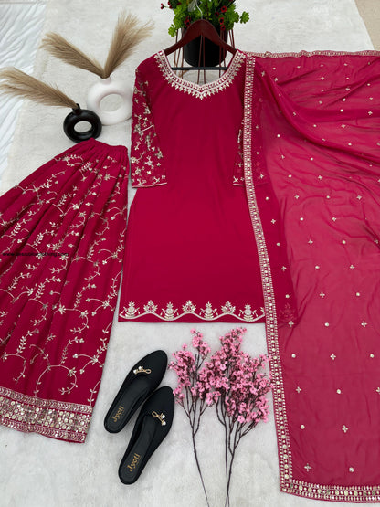 Party Wear Look Top-Plazzo and Dupatta With Heavy Embroidery Work