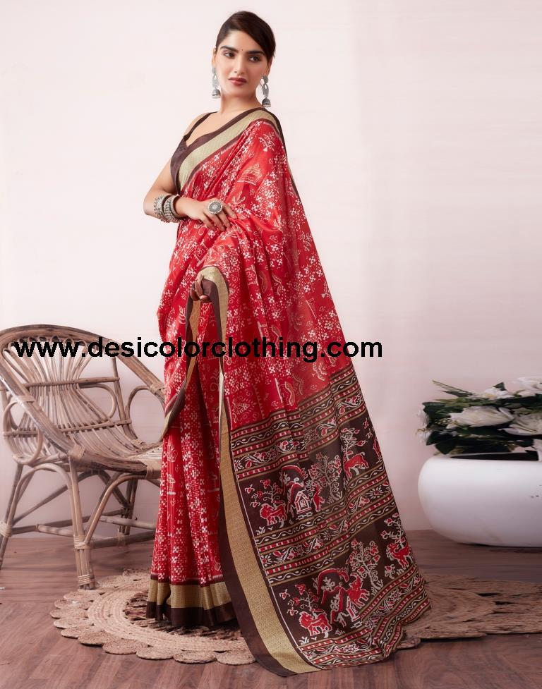 Red Silk Printed  Saree