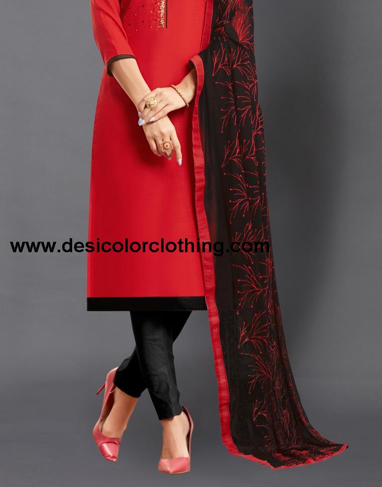 Red  Cotton Embroidered Unstitched Salwar Suit
