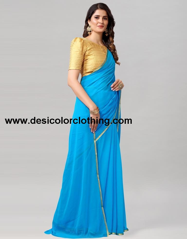 Sky Blue Plain Chiffon Saree
