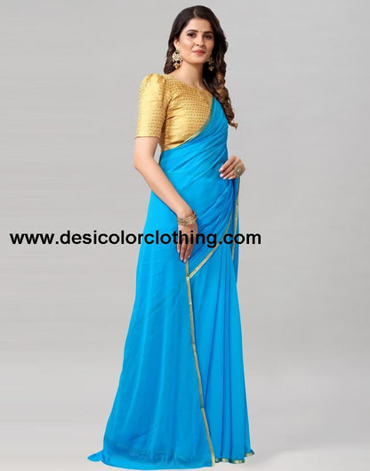 Sky Blue Plain Chiffon Saree