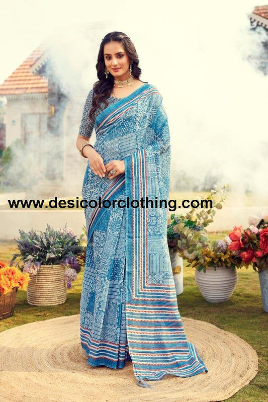 Blue Cotton Printed Ready To Wear