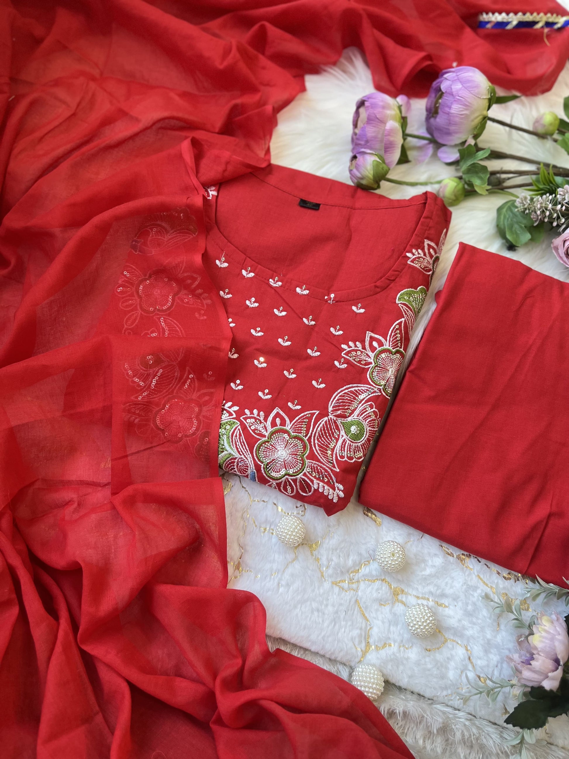 Product Image - Designer Cotton Anarkali Suit Set with Embroidered Dupatta - Festive & Wedding Wear