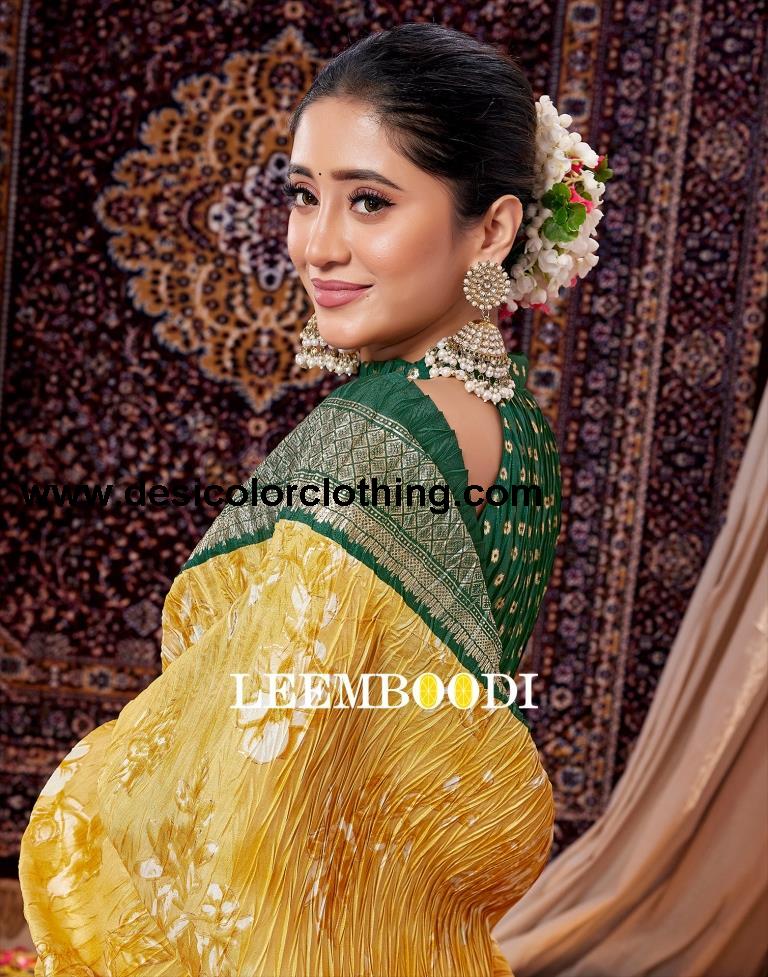 Yellow & Cream Printed Silk Saree