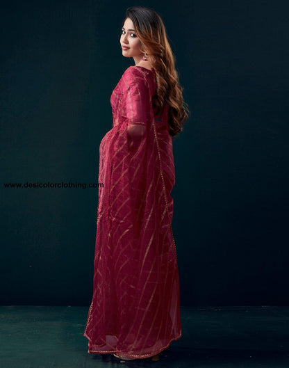 Dark Pink Chiffon Plain Saree
