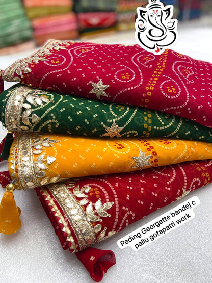 Product Image - Exquisite Georgette Bandej Saree with Gota Patti Work | Festive Wear