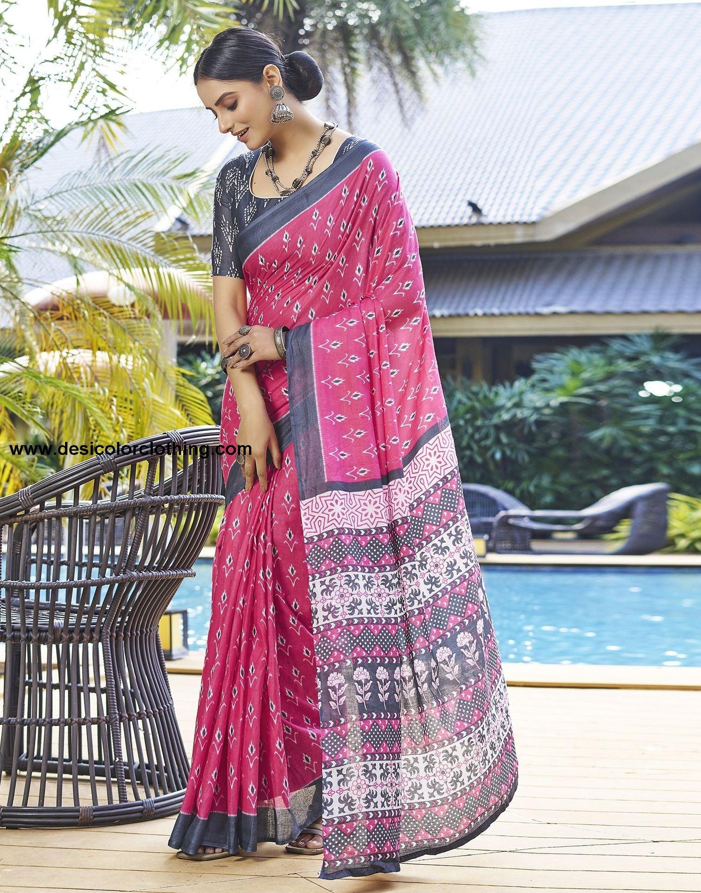 Pink Printed Cotton Pre-draped Saree