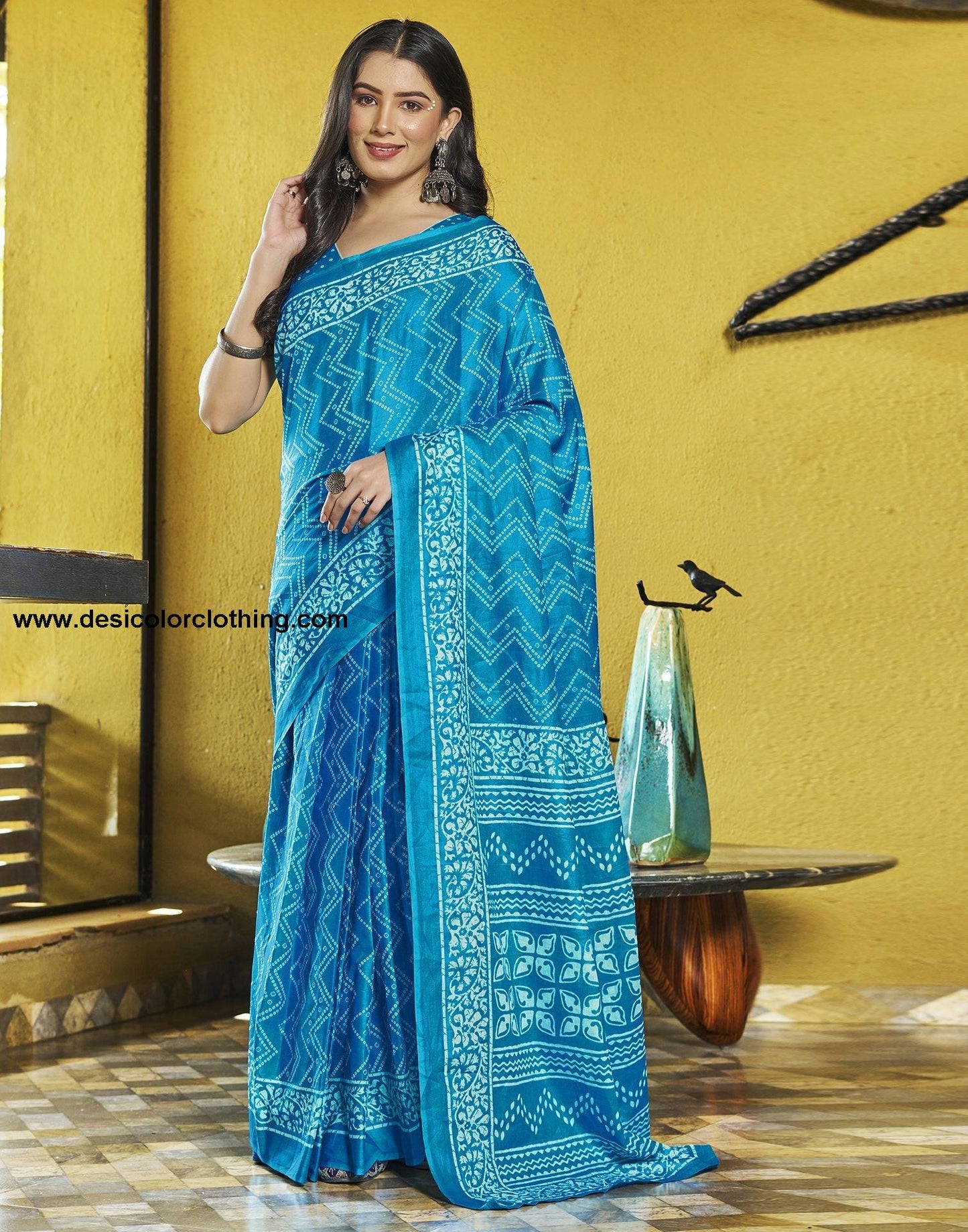 Blue Printed Cotton Pre-draped Saree