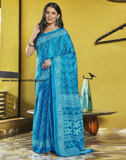 Blue Printed Cotton Pre-draped Saree
