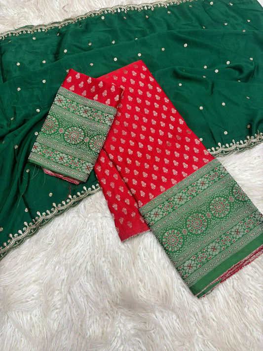 Product Image - Exquisite Pongal Special Designer Saree with Banarasi Border and Chiffon Dupatta - Festive Wear