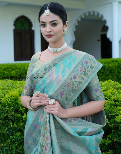 Sky Blue Woven Banarasi Organza Saree