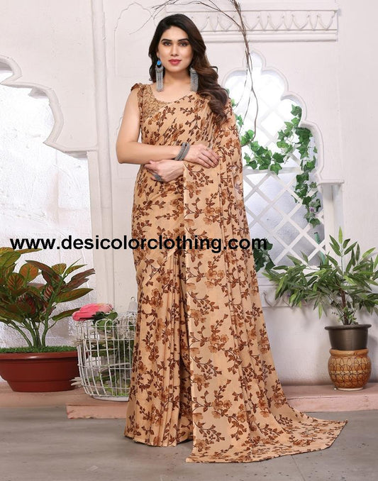 Brown Georgette Floral Printed Saree