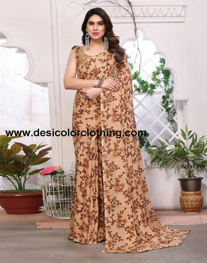 Brown Georgette Floral Printed Saree