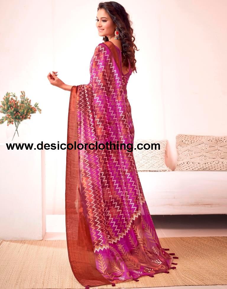 Rust Cotton Printed Saree