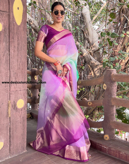 Dark Purple Plain Organza Saree