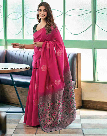 Pink And Green Weaving Silk Saree