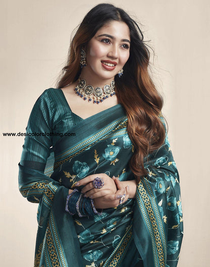 Dark Green Printed Silk Saree