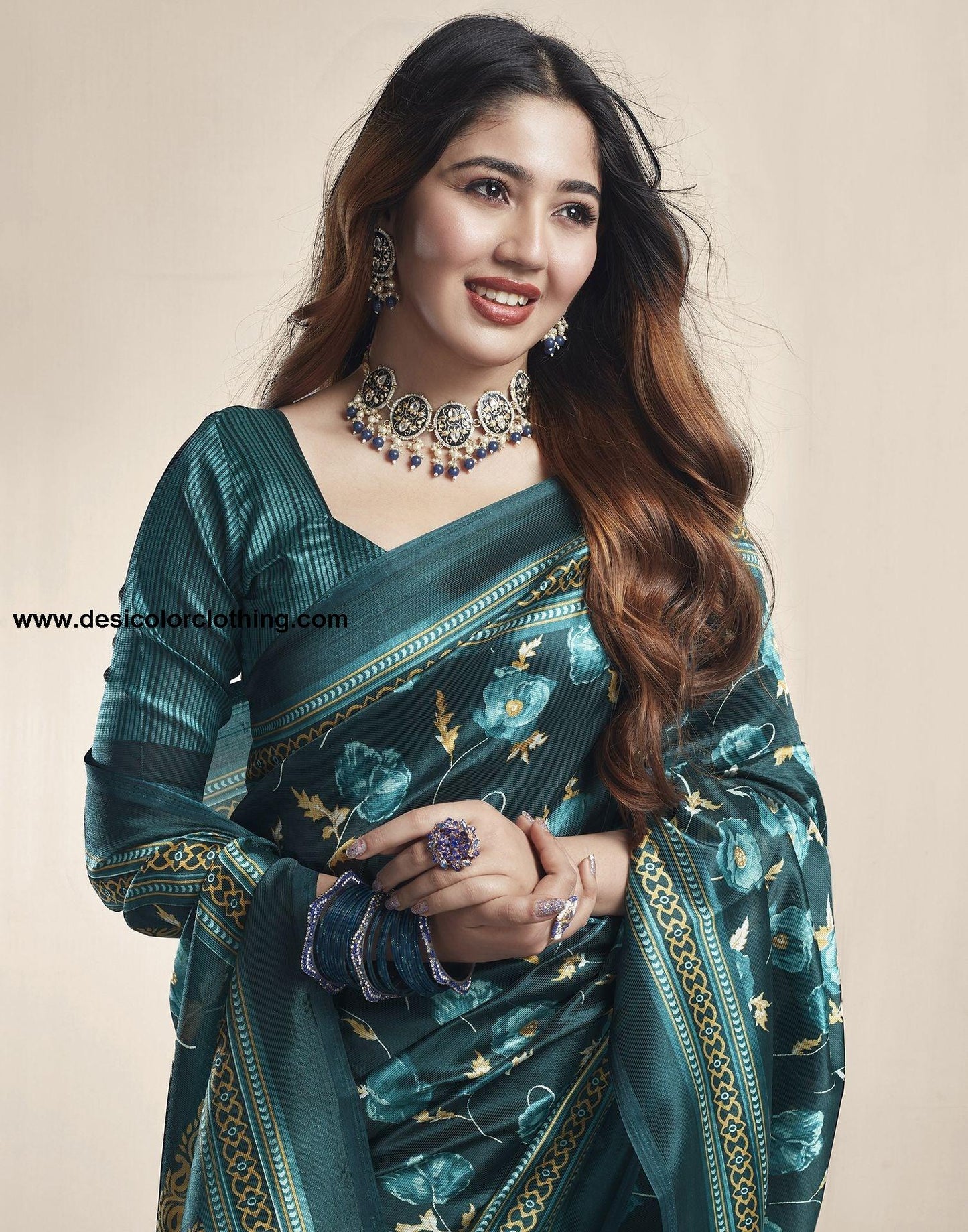 Dark Green Printed Silk Saree