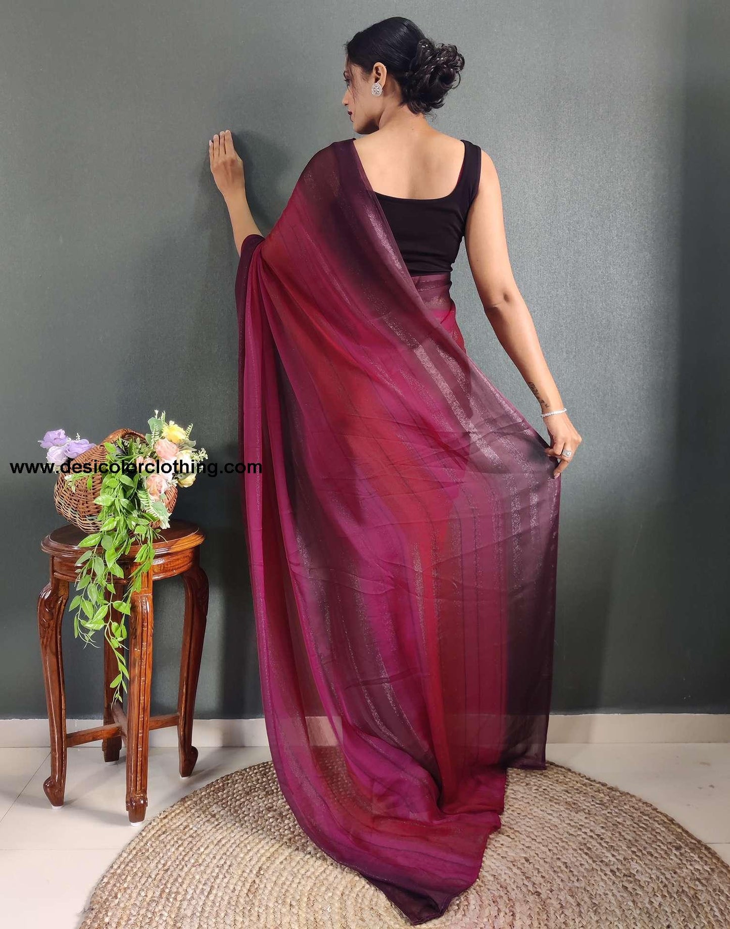 Pink Printed Georgette Pre-draped Saree