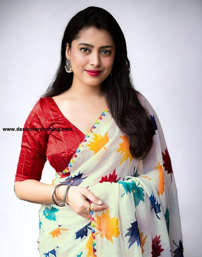 White Printed Georgette Saree