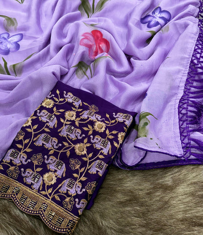 Product Image - Mahek Designer Saree - Kiwi Crush Fabric with Brush Paint & Handwork Blouse
