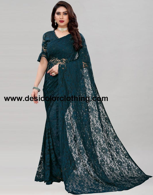 Dark Pine Green Coloured Russel Net Partywear saree